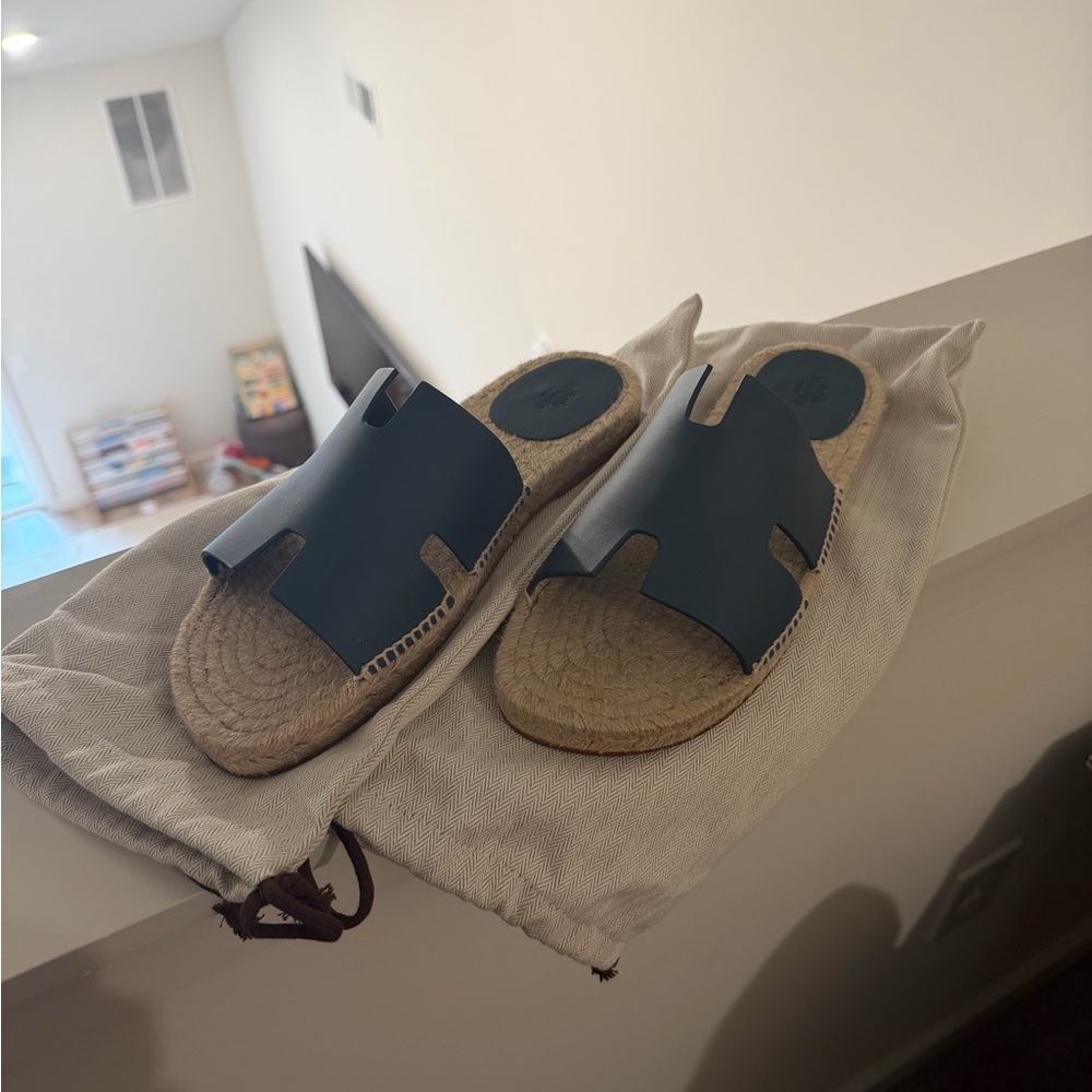 NWT Hermes Blue Antigua Espadrille Slide Sandals
